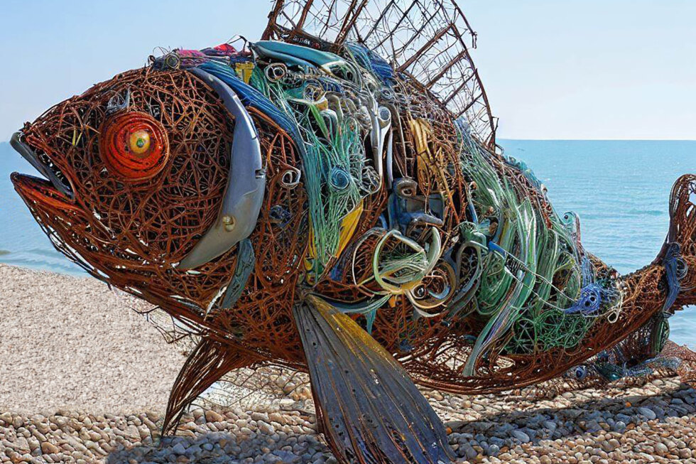 Eine aus Metall, Fischernetzen und Meeresmüll geformte Fischskulptur