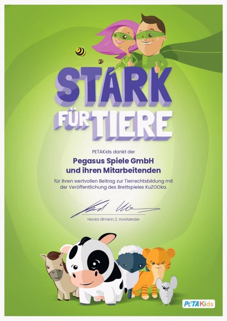 PETA Kids' Helden für Tiere-Urkunde an Peagasus Spiele GmbH, zeigt Tierillustration