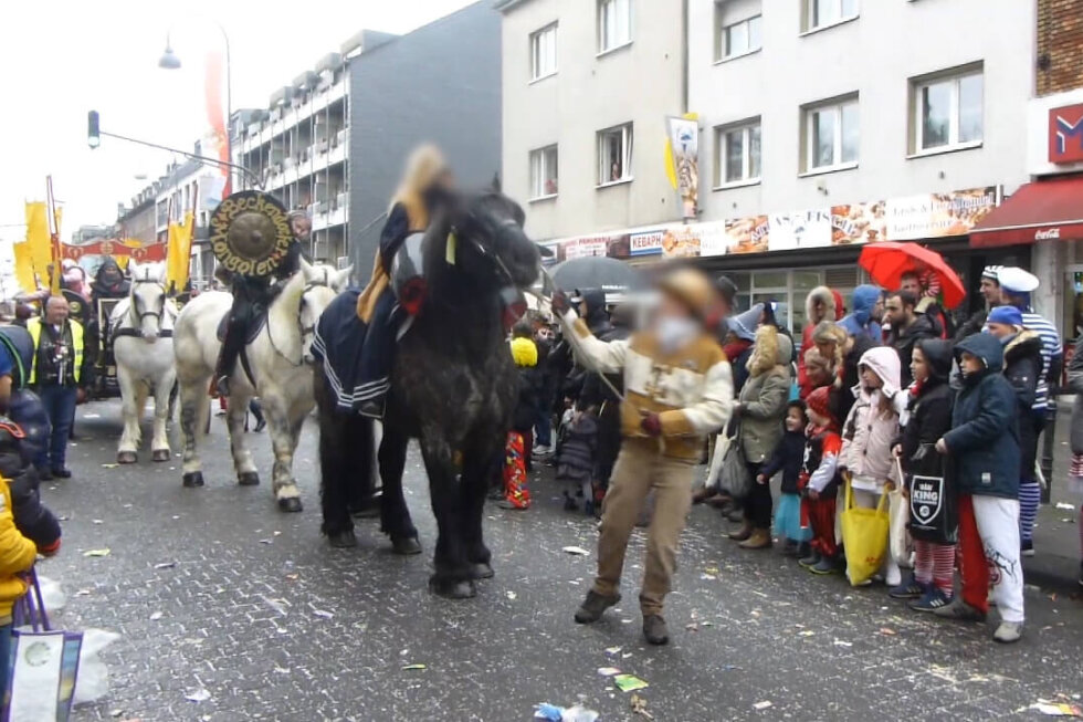 Ein Pferd wird inmitten eines Karnevalumzugs an einem Band nach vorne gezerrt.