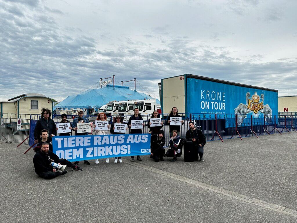 PETA Streetteam-Aktive halten ein Schild mit der Aufschrift "TIERE RAUS AUS DEM ZIRKUS!".