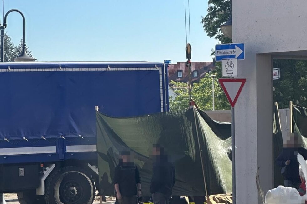 Ein Plane bedeckt, wie ein Pferd mit einem Kran auf einen Anhänger verladen wird