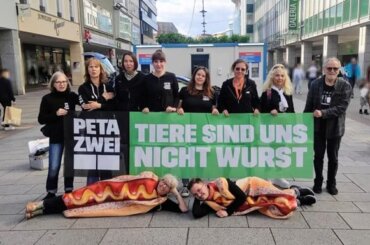 Freiwilliges PETA-Streetteam Saarbrück demonstriert mit Banner und Hotdog-Kostümen gegen Fleischkonsum.