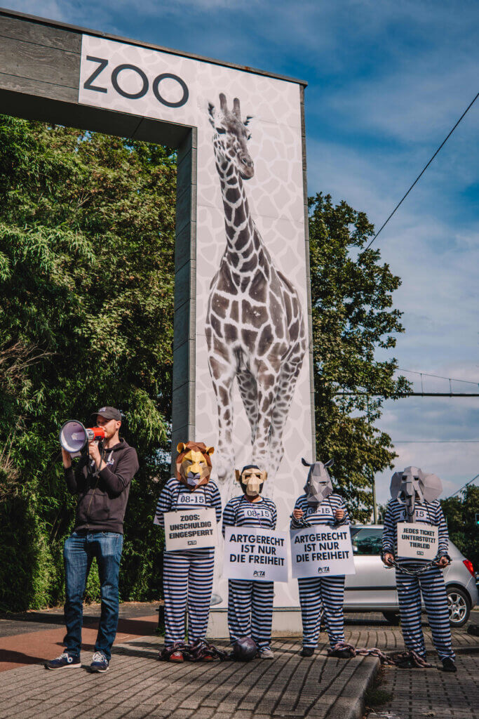 Ein Aktiver mit einem Megaphon und weitere Aktive mit Tiermasken und Sträflingskostümen stehen vor dem Eingang des Duisburger Zoos 