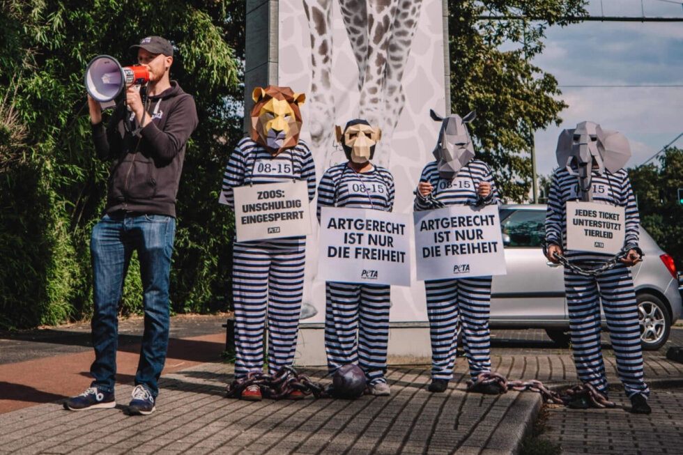 Ein Aktiver mit einem Megaphon und weitere Aktive mit Tiermasken und Sträflingskostümen stehen vor dem Eingang des Duisburger Zoos