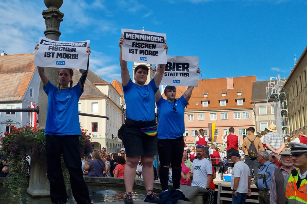 PETA-Aktive protestieren auf Memminger Brunnen gegen Fischmord