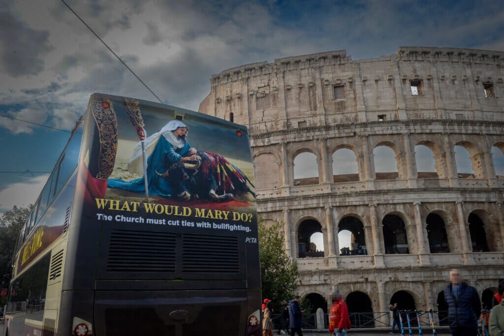 Buswerbung gegen Stierkampf auf einem Bus vor den Collosseum in Rom