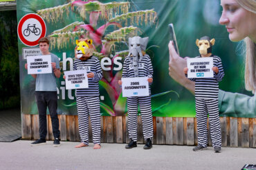 Aktive mit Tiermasken und in Sträflingskostümen demonstrieren vor der Stuttgarter Wilhelma