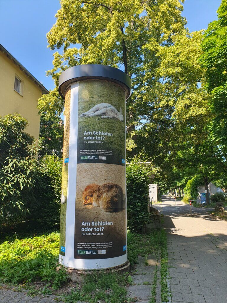 Säule mit PETA-Plakaten. "Am schlafen oder tot?" mit verschiedenen Tieren der Tierindustrie.