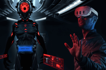Animiertes Bild mit einem Mann, der die VR-Brille testet und einem Alien im Hintergrund.