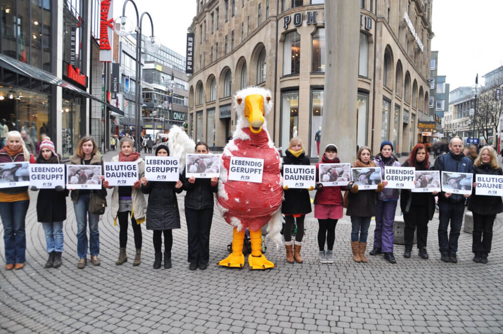 Aktive bei der Demo mit einem überdimensionalen Ganskostüm