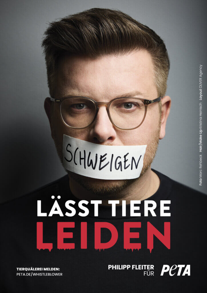 PETA-Kampagnenmotiv Philipp Fleiter mit zugeklebten Mund