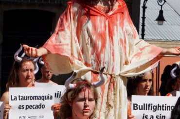 Blutverschmierter Jesus mit blutbeschmierten Stieren vor dem Rathaus in Pamplona