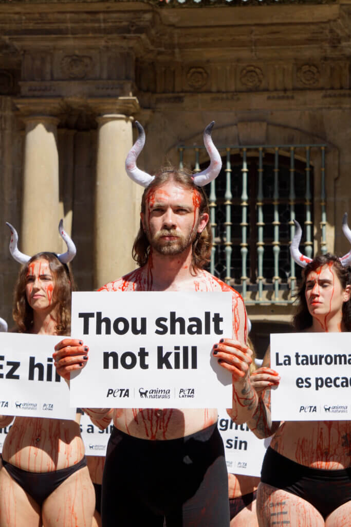 Blutverschmierte Stiere vor dem Rathaus in Pamplona